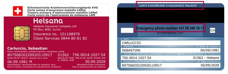 Front and reverse side of an insurance card for compulsory health insurance.