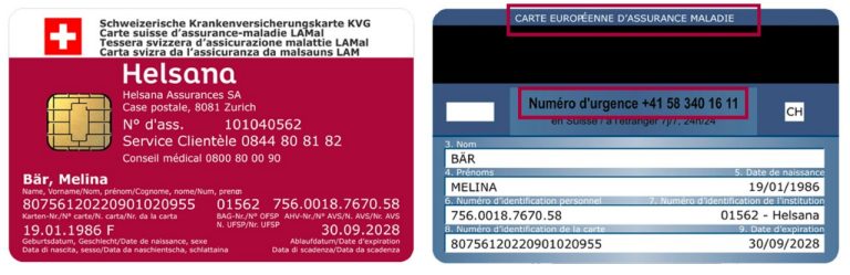 Recto et verso d’une carte d’assuré pour l’assurance obligatoire des soins