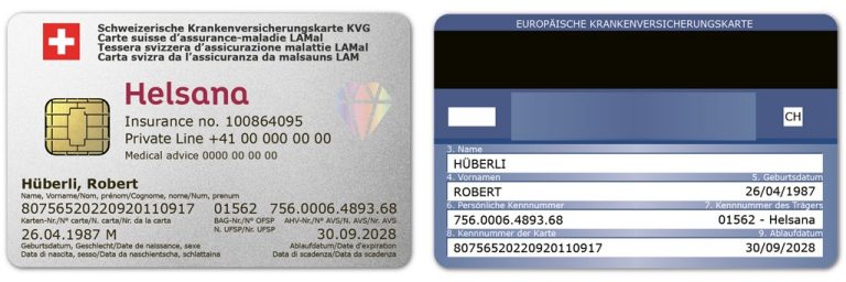 Vorder- und Rückseite einer Versichertenkarte für die obligatorische Krankenpflegeversicherung.